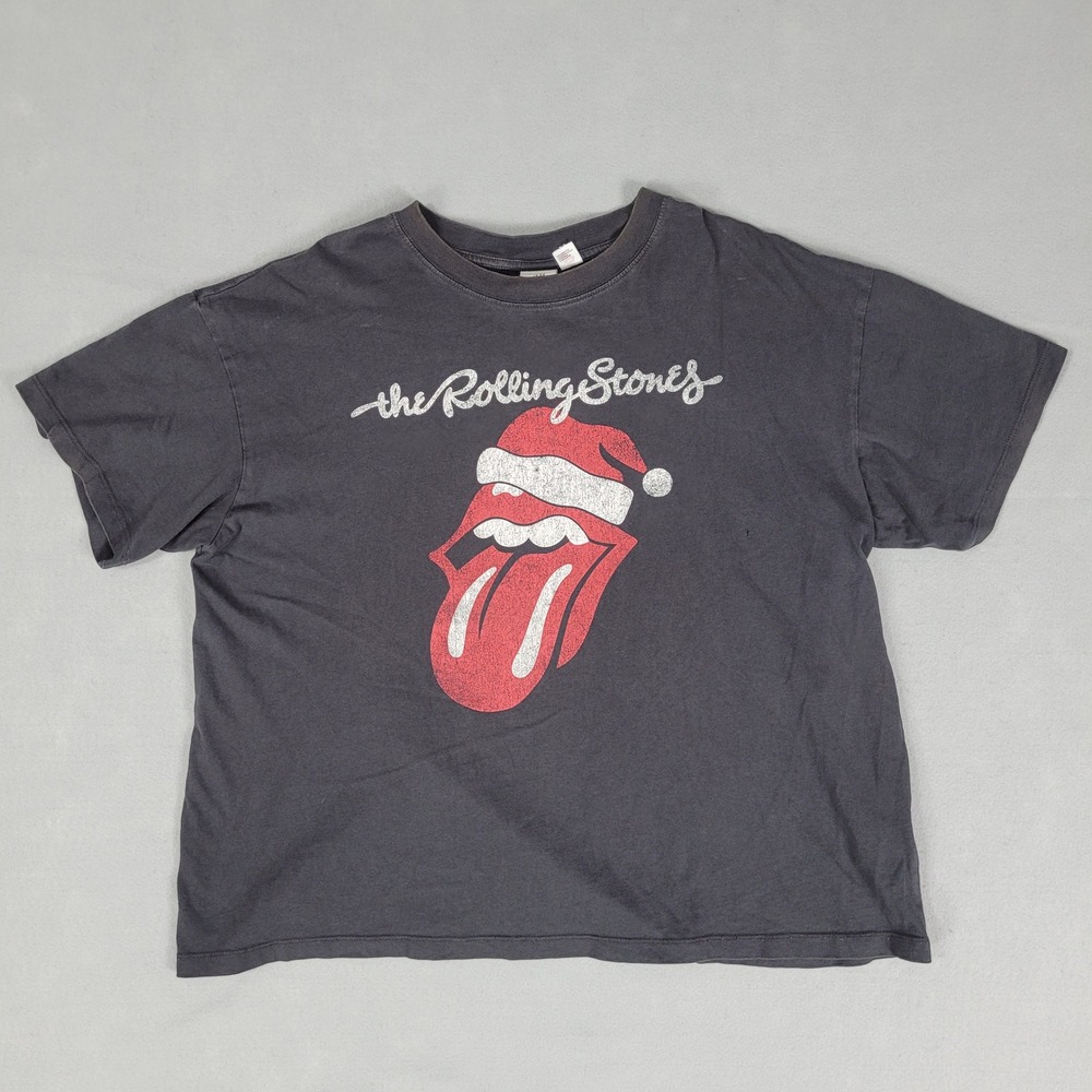 H&M Rolling Stones T-Shirt Mens L Grey Christmas Santa Tongue Distressed Cotton